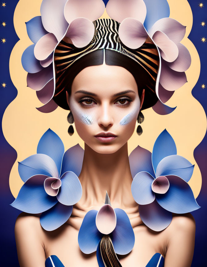 Stylized portrait of a woman with blue floral adornments and abstract makeup on golden halo background.