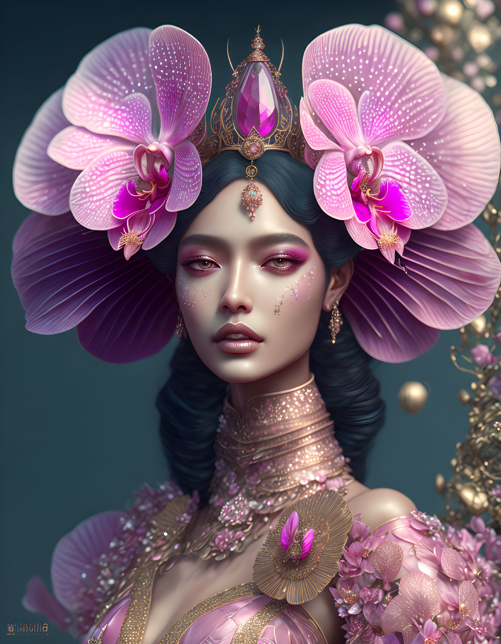 Blue-skinned regal figure with ornate crown and pink orchid jewelry.