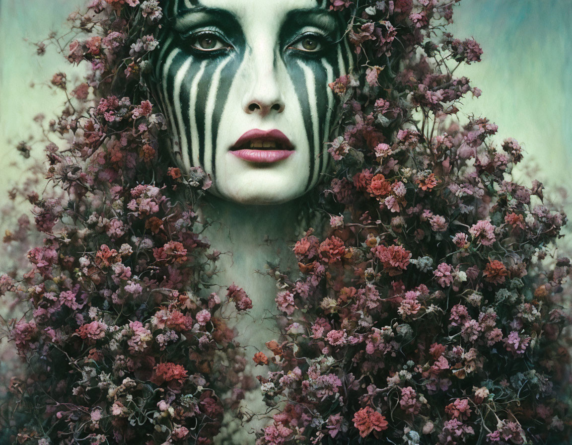 Person with Zebra-Like Face Paint Among Purple Flowers