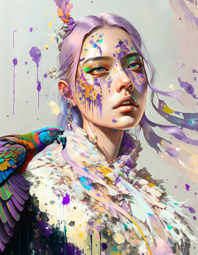 Colorful digital portrait of young woman with paint splatters and bird