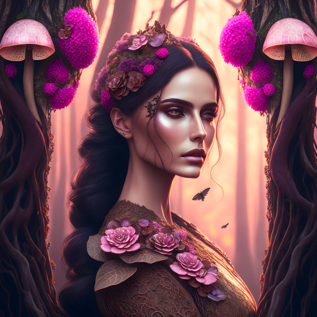 Portrait of Woman with Flowered Hair in Mystical Forest with Pink Lighting