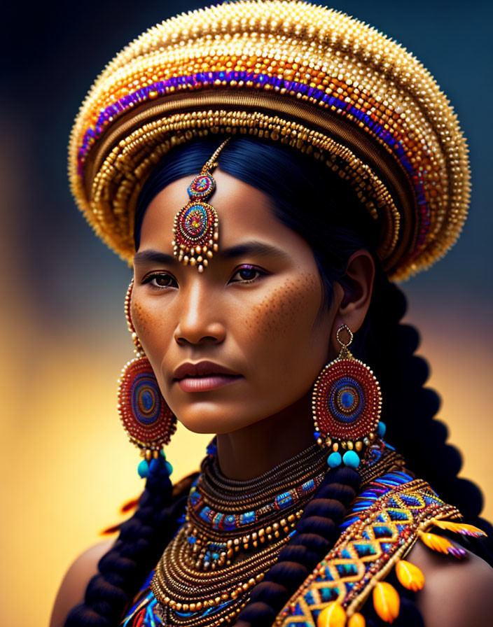 Intricate beadwork jewelry on woman with headdress, earrings, and necklace