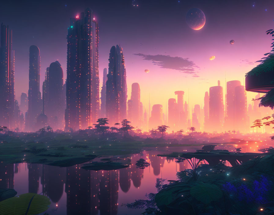 Futuristic cityscape at dusk with skyscrapers, neon lights, water bodies, foliage,