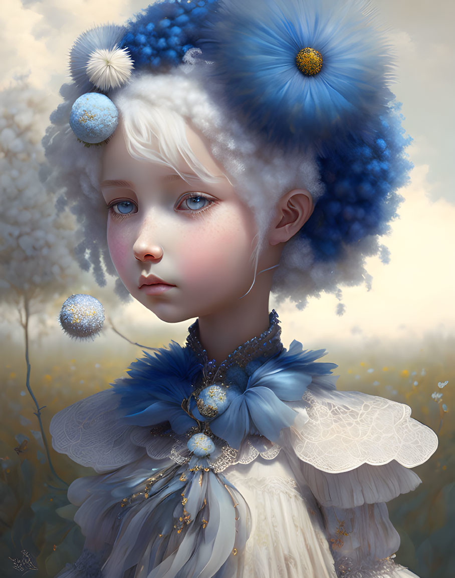 Child in Blue and White Floral Attire: Digital Painting with Serene Expression