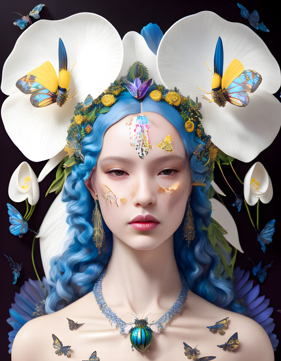 Blue-haired person with floral headpiece, white flowers, butterflies, gold accents, and jeweled necklace