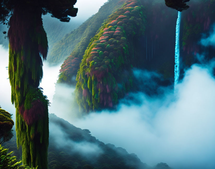 Tranquil waterfall surrounded by lush greenery and pink foliage in misty landscape