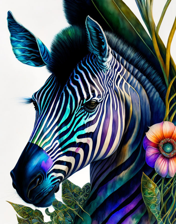 Vibrant zebra art with colorful stripes and stylized flora