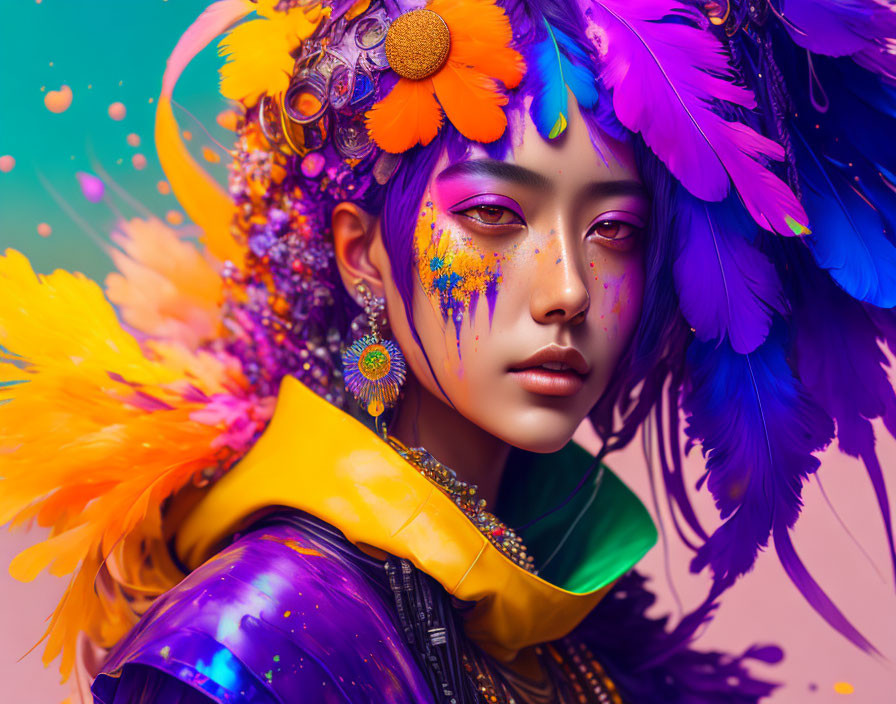 Colorful portrait featuring feathers, floral elements, and paint splatters in a purple and yellow jacket