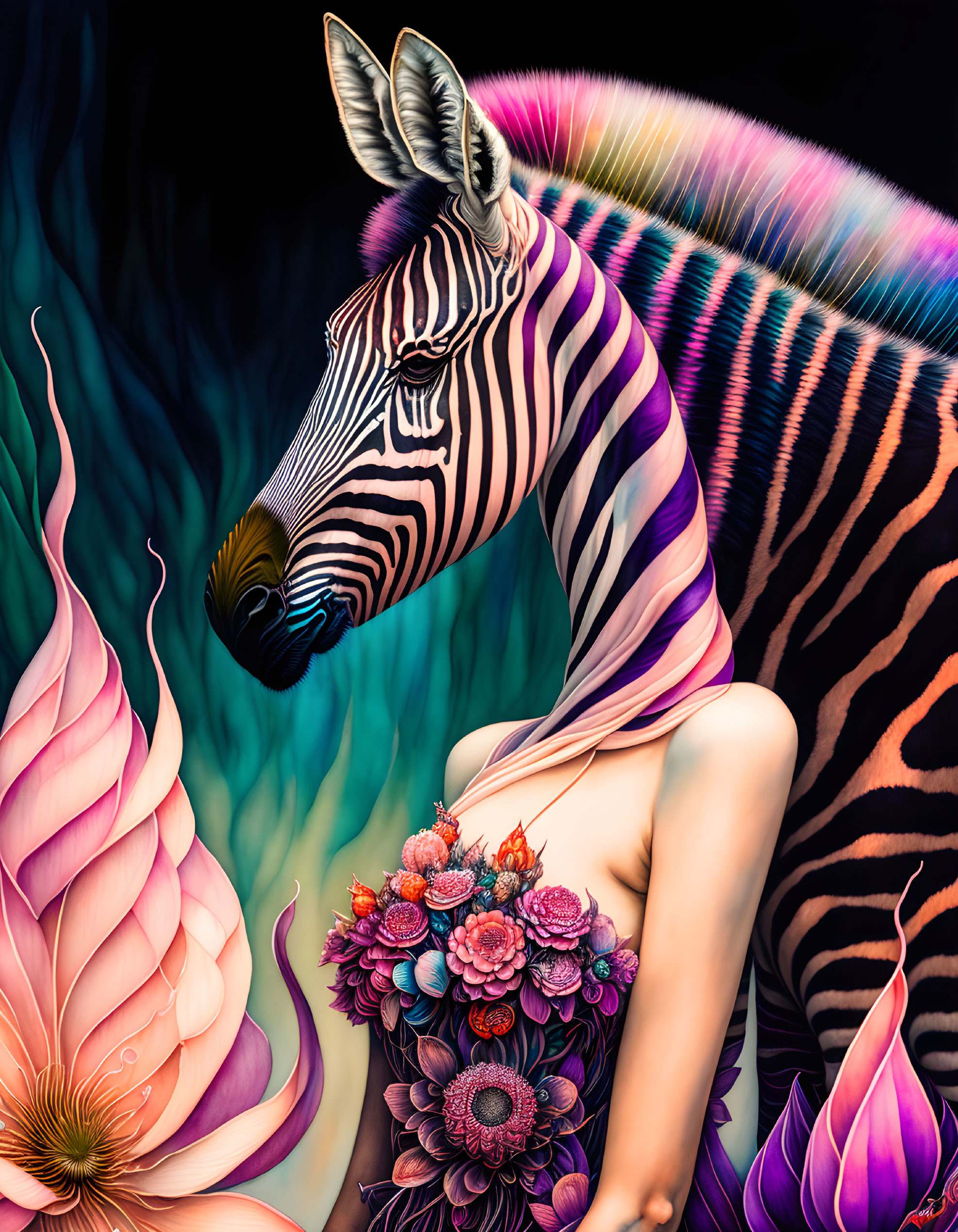 Vibrant digital artwork: zebra with rainbow mane, colorful flowers, pink lotus on dark