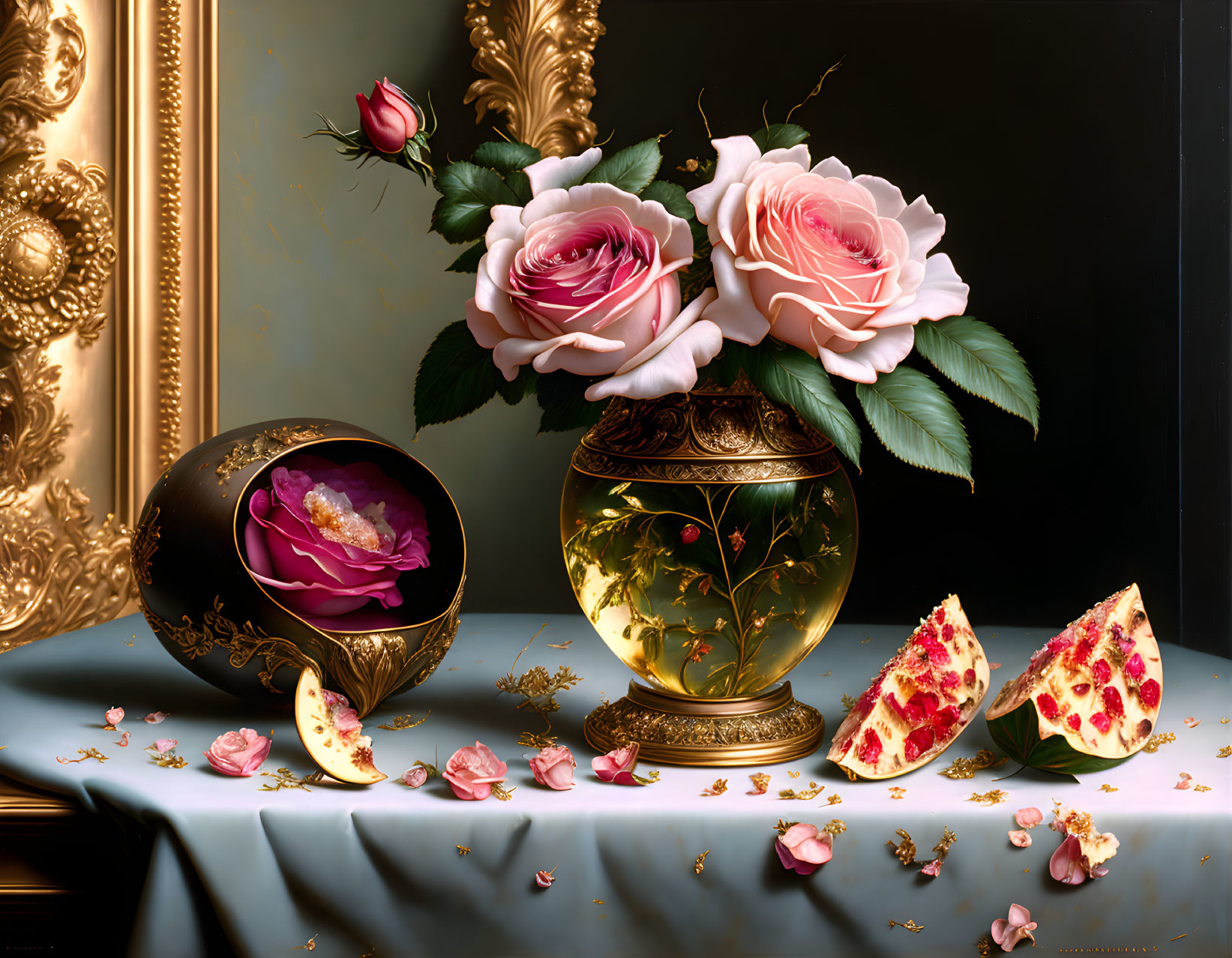 Pink roses bouquet, broken pomegranate, and decorated egg on blue surface