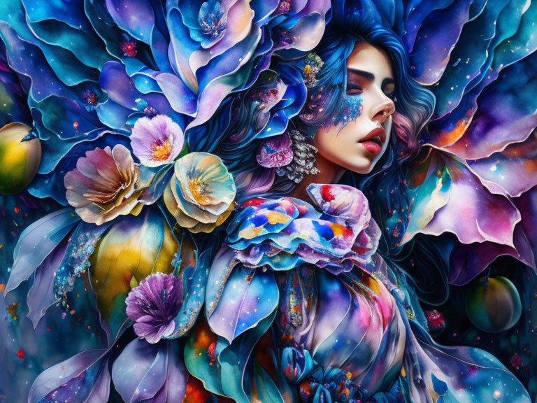 Colorful artwork featuring woman amidst blue and purple flowers and cosmic elements