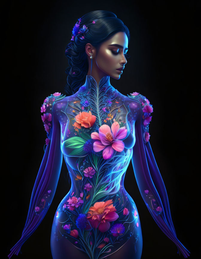 Neon-colored woman with floral body art on dark background