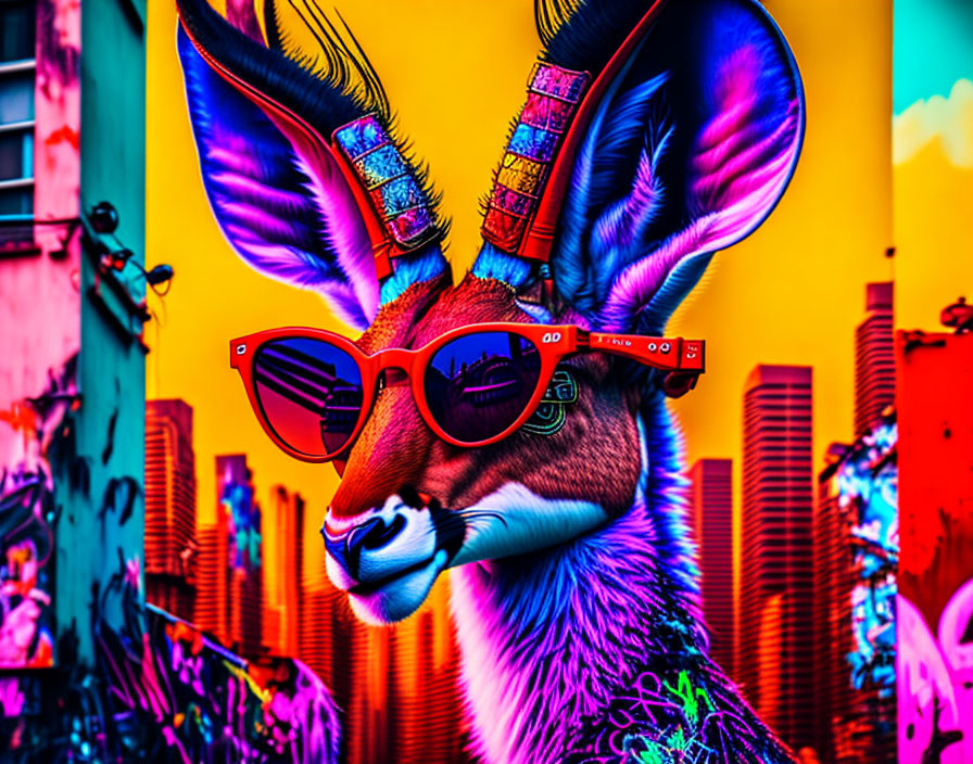 Colorful Antelope with Sunglasses in Psychedelic Cityscape