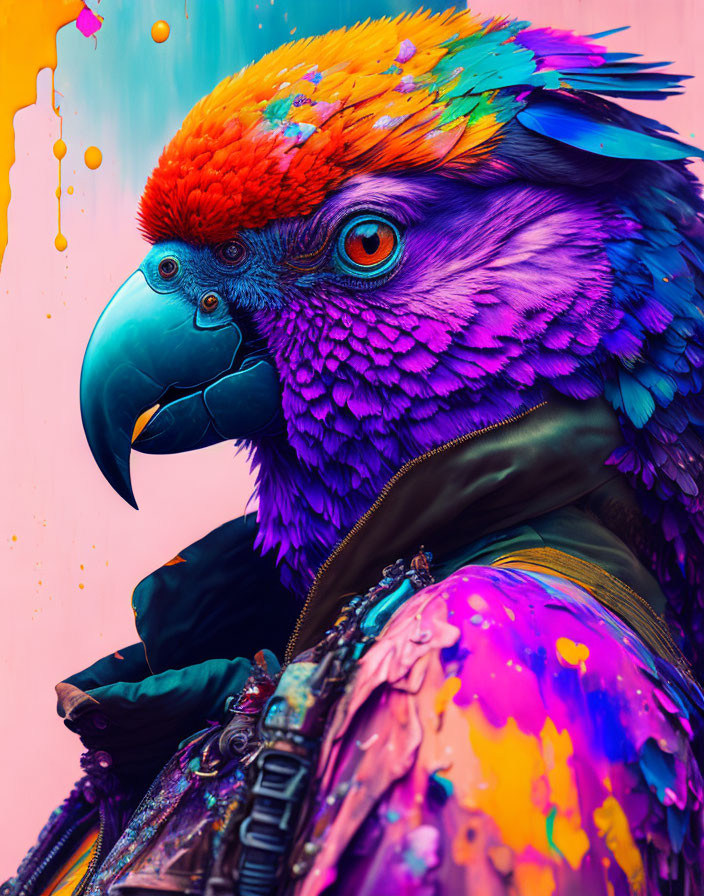 Colorful Parrot Artwork with Cybernetic Enhancements on Pastel Background