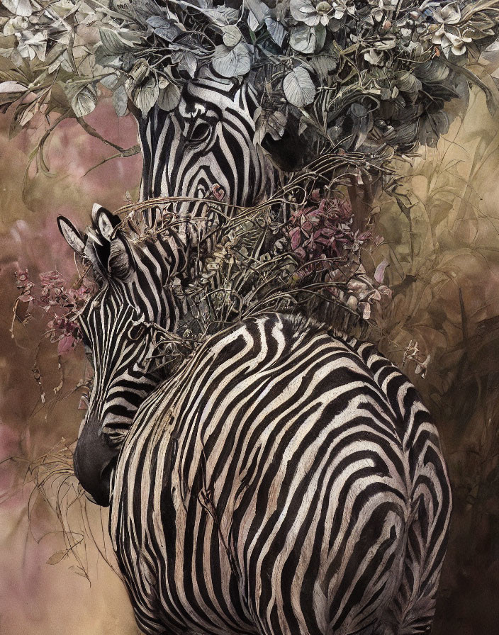 Zebras blending with floral vegetation patterns