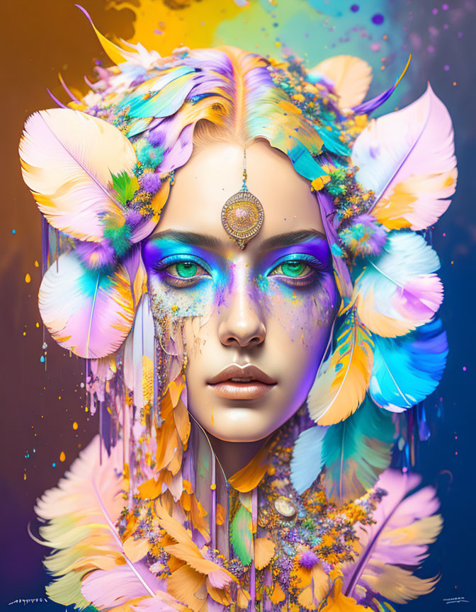 Vibrant digital artwork of a woman with blue eyes and colorful adornments