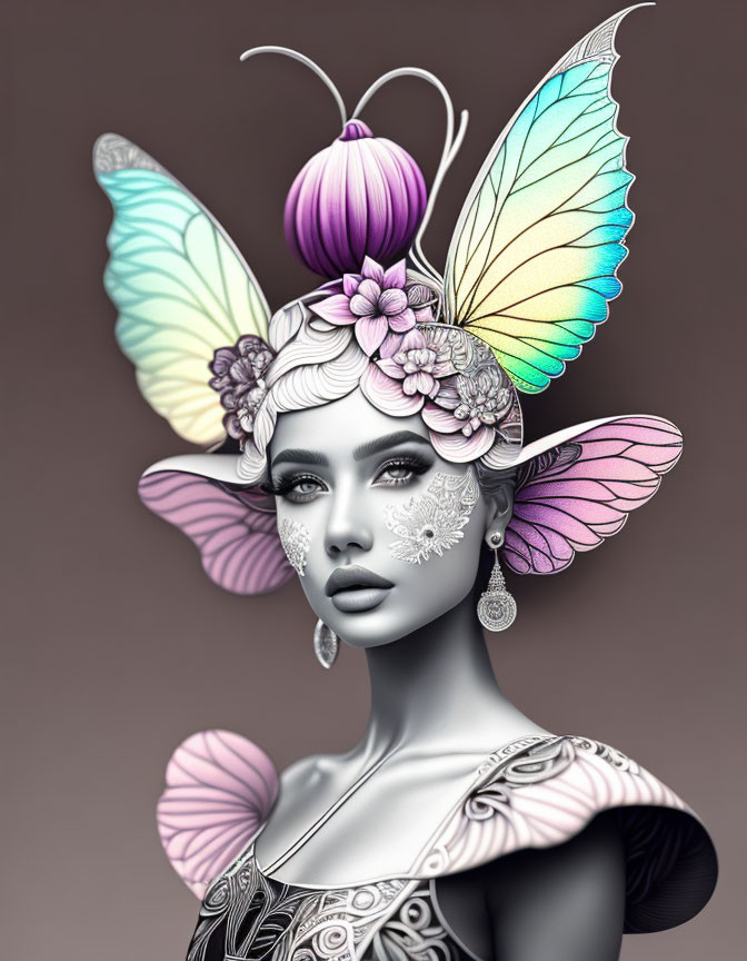 Portrait of a woman with butterfly wings headdress and floral adornments