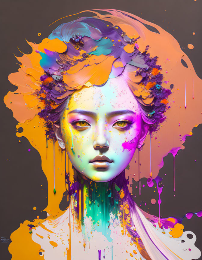 Colorful digital art: Woman with paint-dripping hair and eyes, vibrant floral elements on abstract