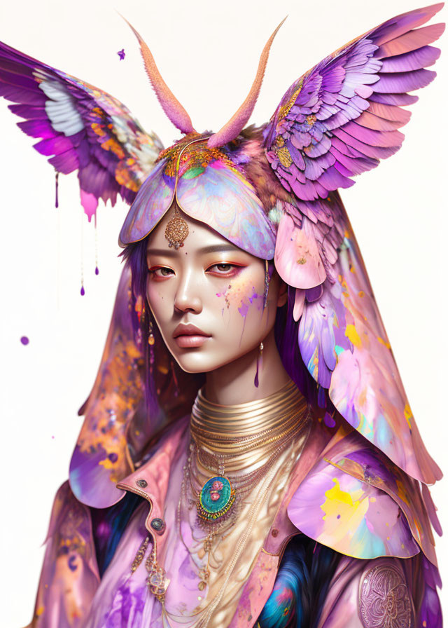 Colorful Butterfly Wing Ears and Iridescent Cloak Portrait