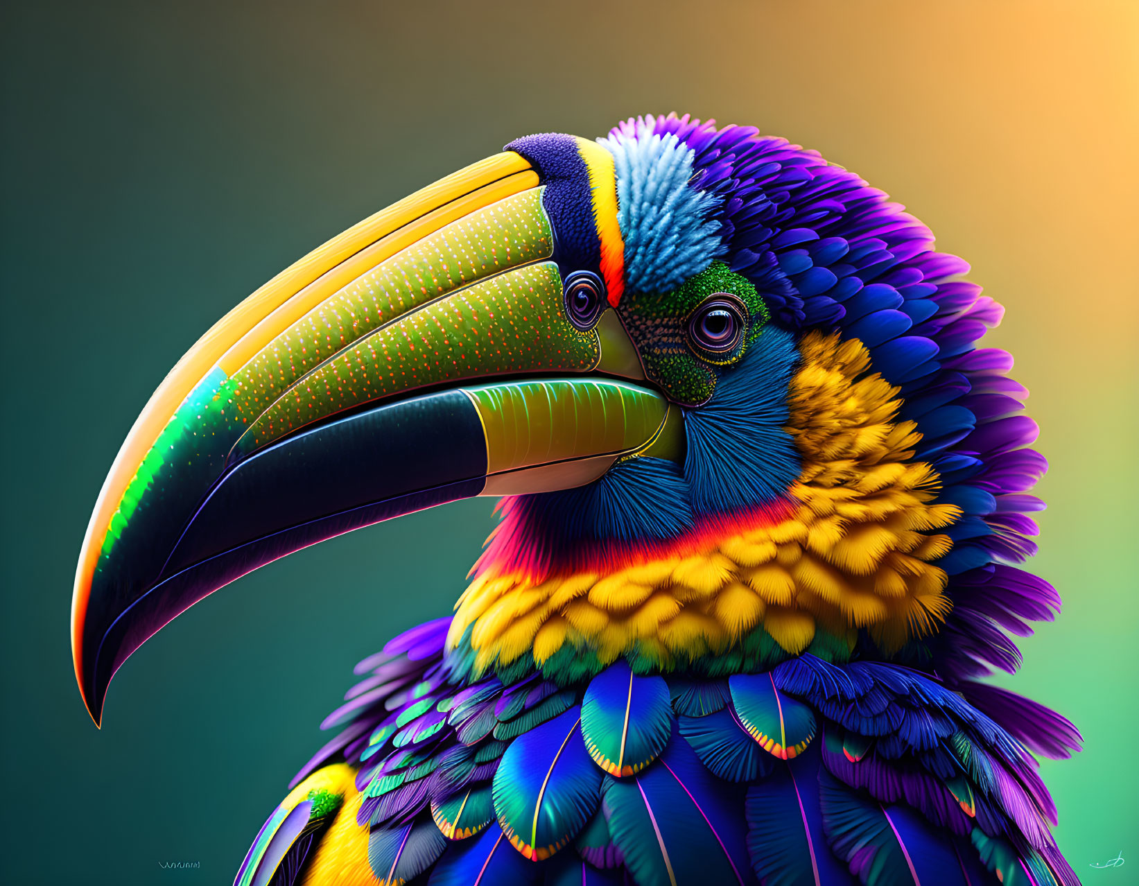 Colorful Toucan Artwork with Detailed Feathers & Rainbow Beak