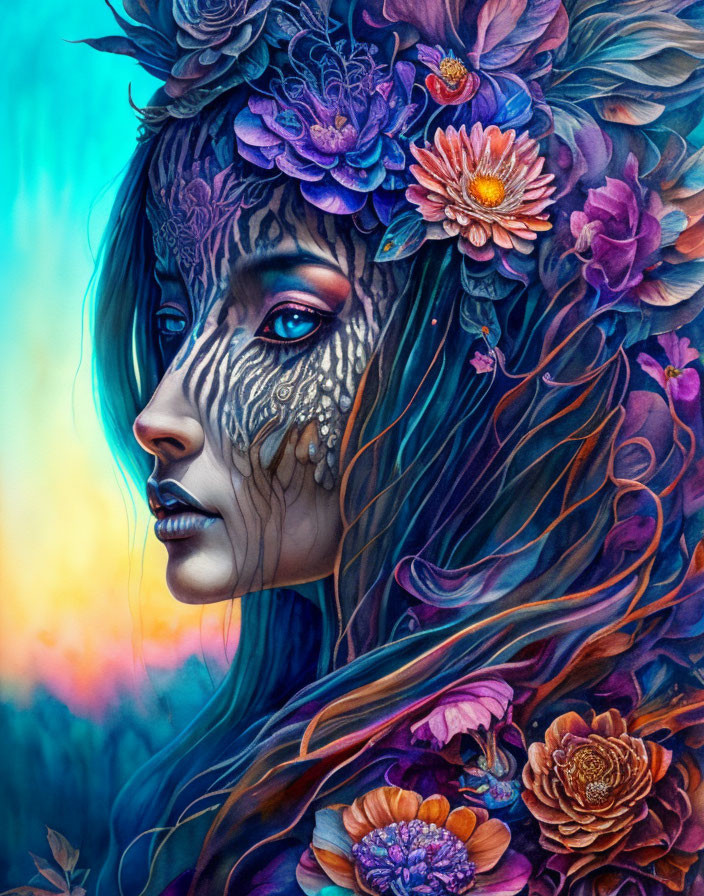 Colorful Illustration: Woman with Blue Skin and Floral Headdress on Sunset Background