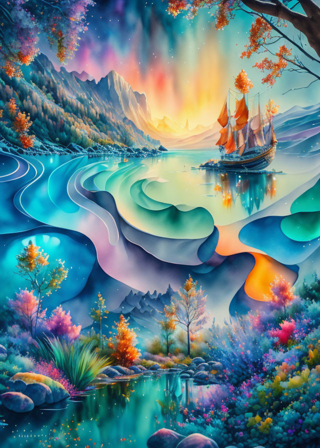 Colorful fantasy landscape with sailing ship, river, mountains, flora, and sunset sky.