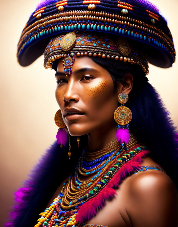 Person in Vibrant Tribal Attire with Colorful Beaded Headdress