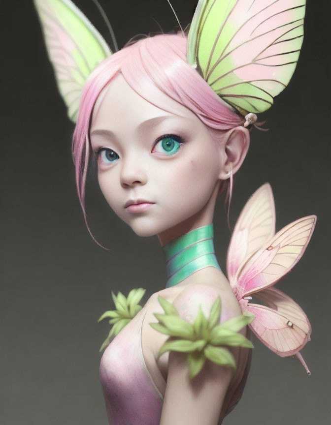 Digital artwork: Character with pink hair, green eyes, butterfly wings, and fairy-like features.