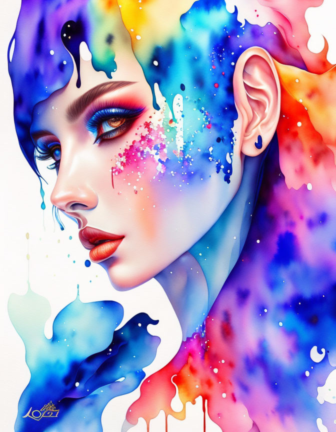 Colorful digital artwork: Woman's profile with watercolor splash