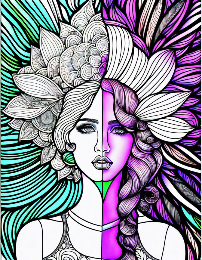 Detailed illustration of woman with floral patterns and feathers in hair in split purple and green color scheme