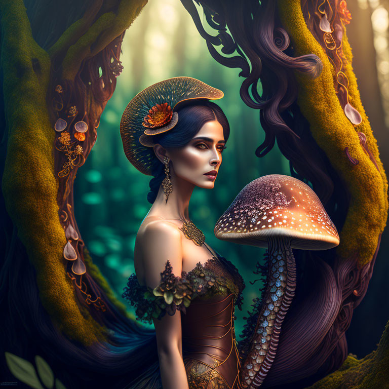 Fantasy digital art portrait of a woman in mushroom attire in enchanted forest