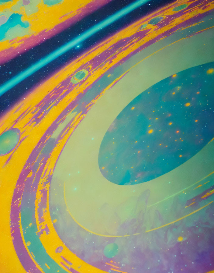 Vibrant Yellow and Blue Abstract Cosmic Art depicting Celestial Bodies