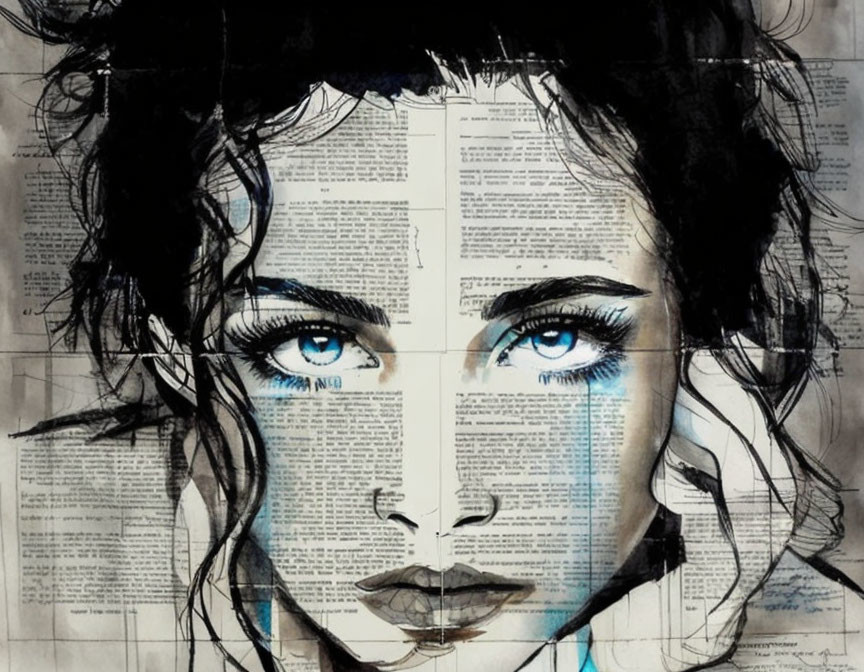 Woman portrait with striking blue eyes and dark hair on printed text pages in watercolor style.