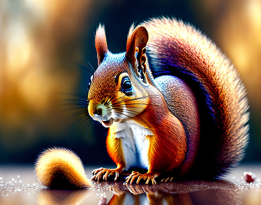 Colorful squirrel illustration with orange and brown fur in sunlight against bokeh background