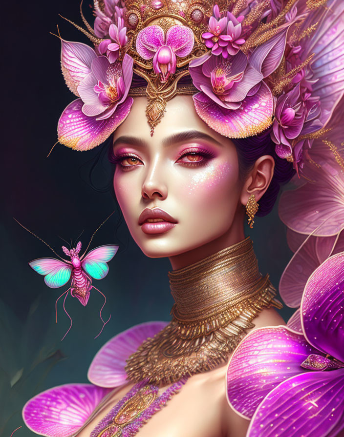 Woman in vibrant pink floral headpiece and jewelry with butterfly companion.