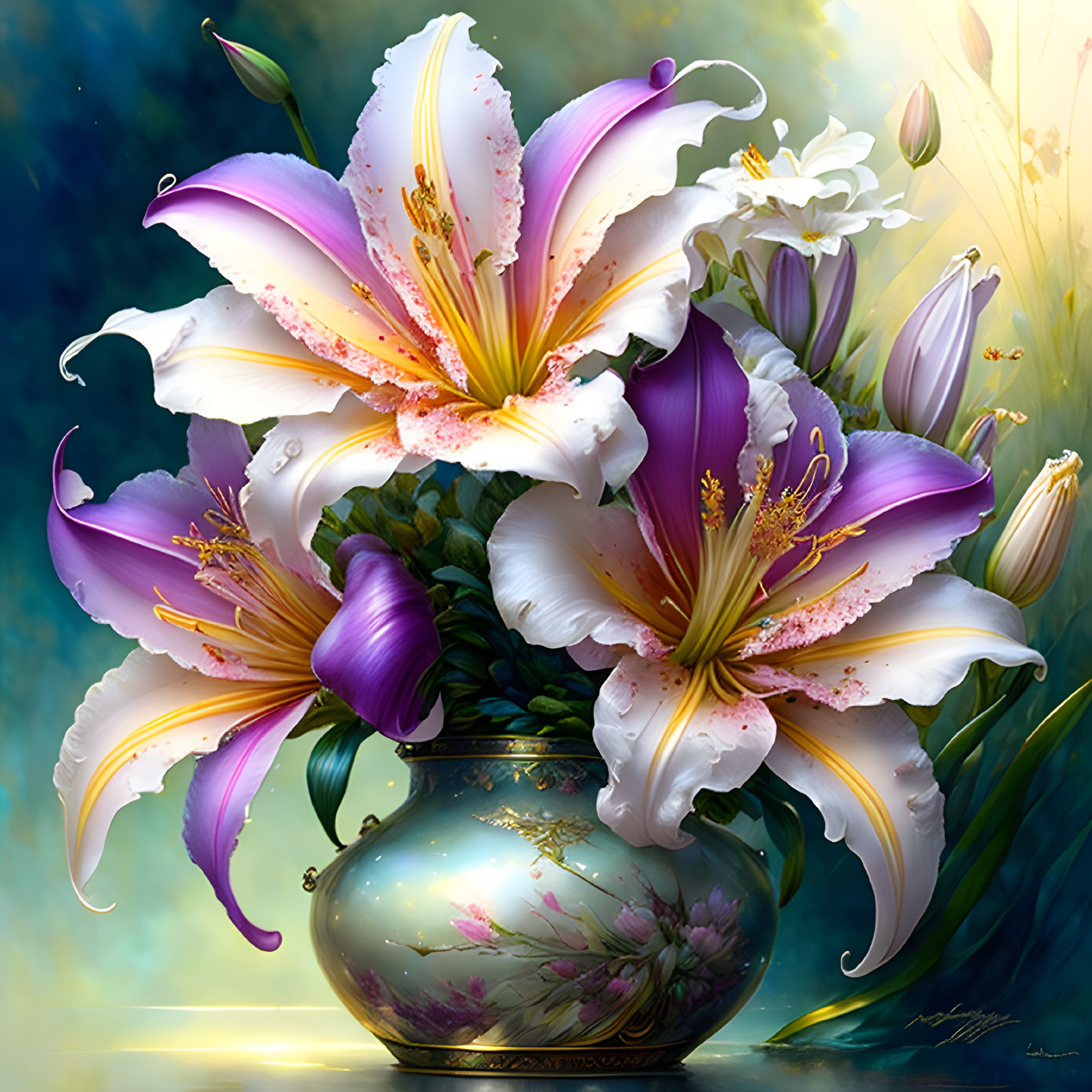 Pink and white lilies in decorative vase with mystical background