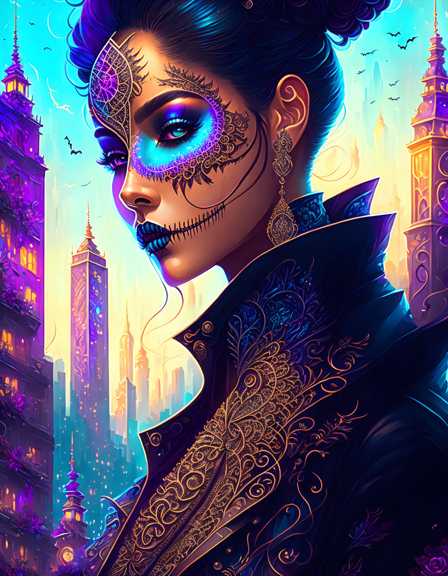 Woman with ornate face paint and gothic outfit in fantasy cityscape at dusk