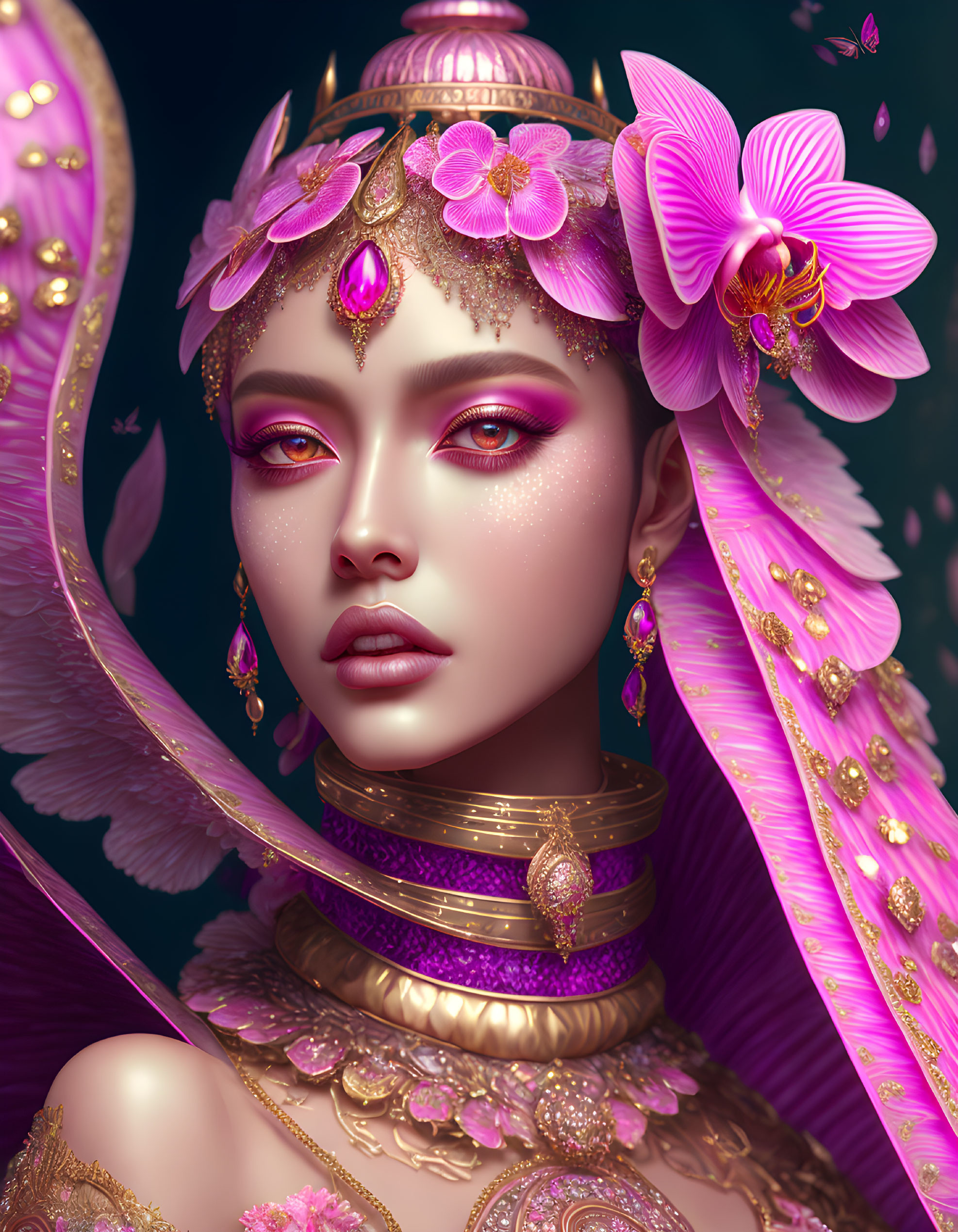 Portrait of Woman Adorned with Golden Jewelry and Pink Floral Accents