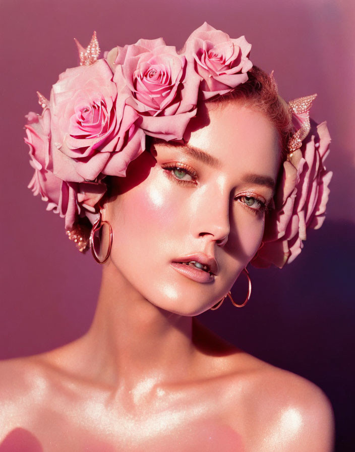 Woman with Pink Rose Floral Crown and Glitter Makeup