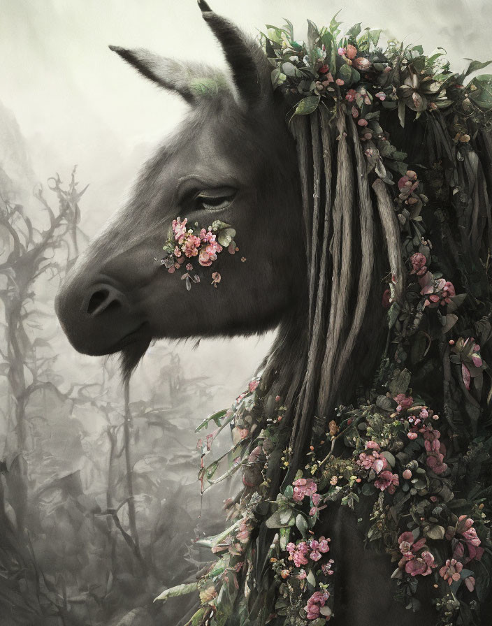 Surreal portrait of donkey with green hair and floral adornments in misty forest