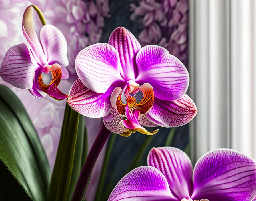 Purple Orchids with Pink Patterns and Yellow Centers on Floral Background