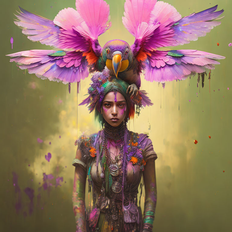 Colorful Flower-Adorned Woman with Oversized Parrot Backdrop