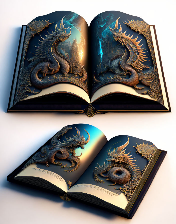 Illustrated Dragons Emerging from Open Book in 3D Effect