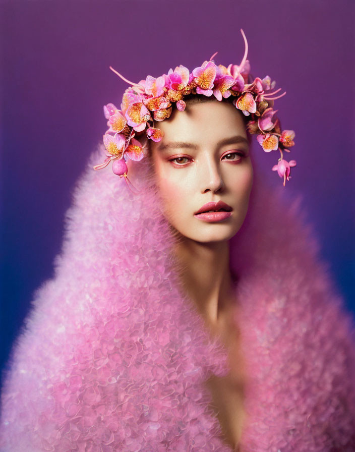 Woman in Floral Wreath and Pink Outfit on Purple Background