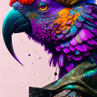 Colorful Parrot Portrait with Blue Beak and Textured Plumage on Pink Background