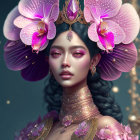 Blue-skinned regal figure with ornate crown and pink orchid jewelry.