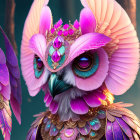 Colorful anthropomorphic bird with jeweled crown and gold jewelry