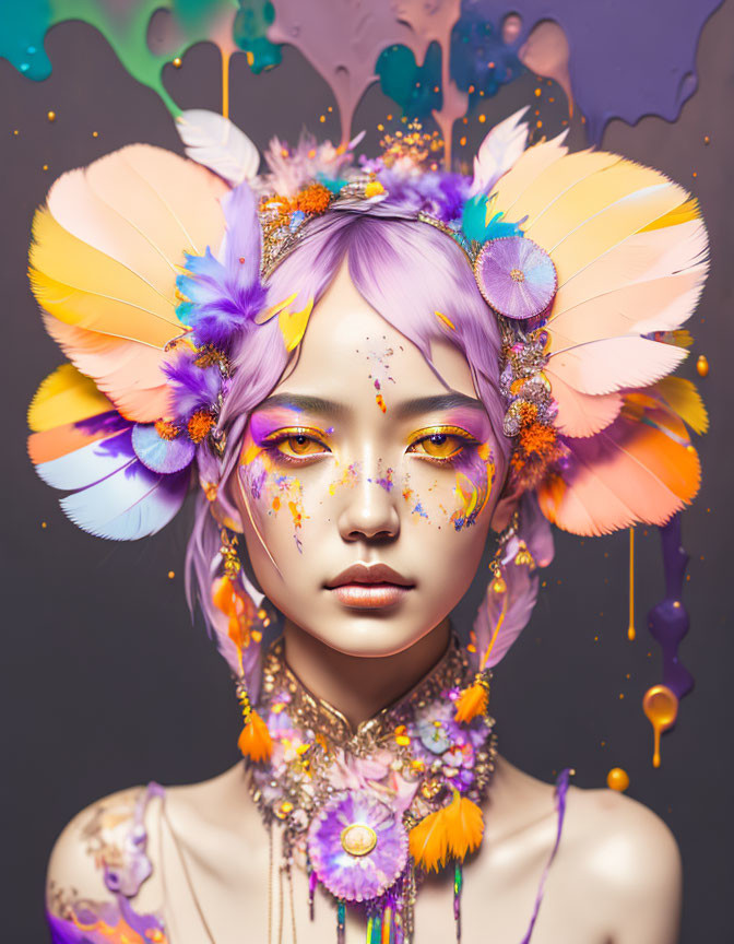 Vibrant digital portrait of a woman with purple hair and colorful adornments