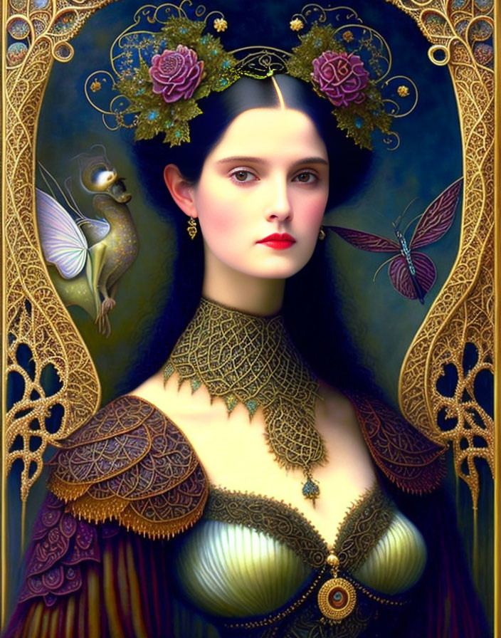 Portrait of woman with pale skin, dark hair, gold headdress, bird, butterfly in ornate