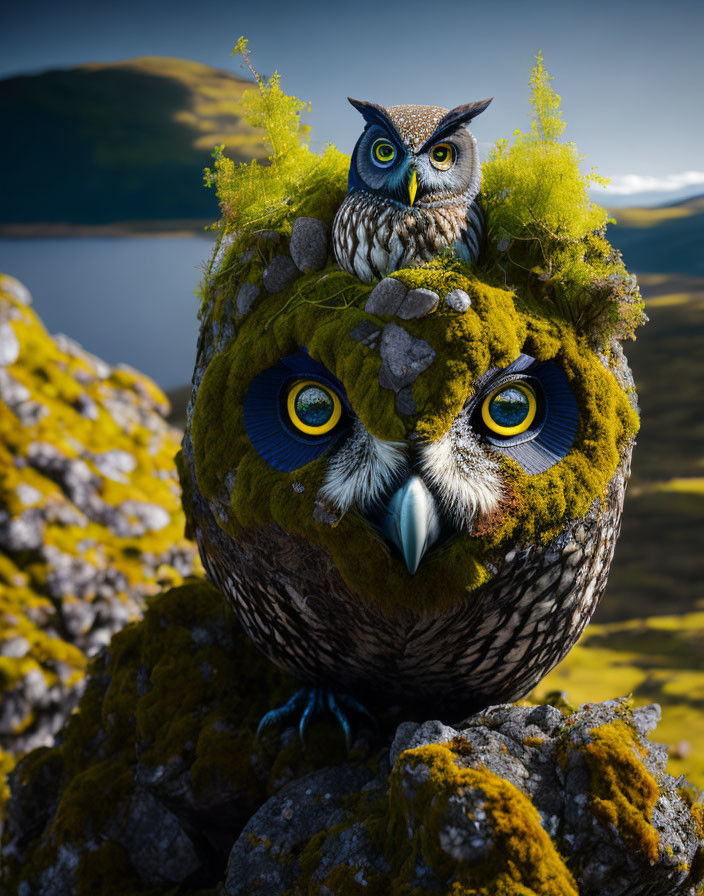 Whimsical owl with miniature landscape on head against rolling hills and lake